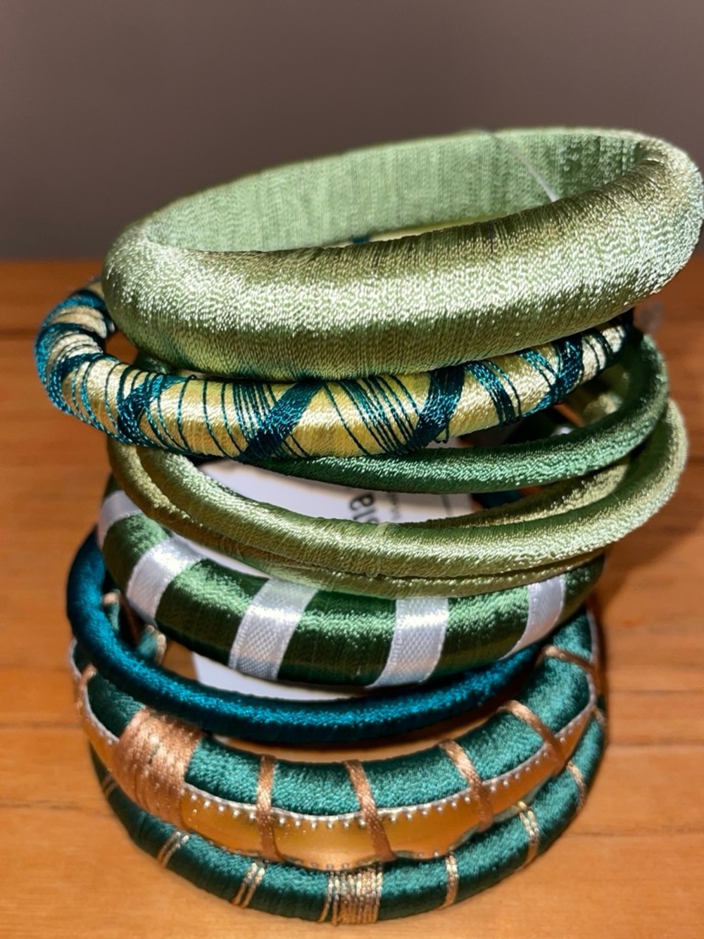 Vintage Satin Wrapped Bangle Set | Emerald, Olive & Gold Mix | Boho Luxe Fall